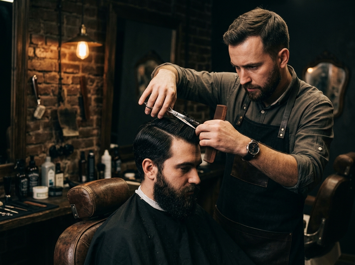 Barber profesional memotong dan merapikan rambut pelanggan dengan gunting presisi di kursi barbershop